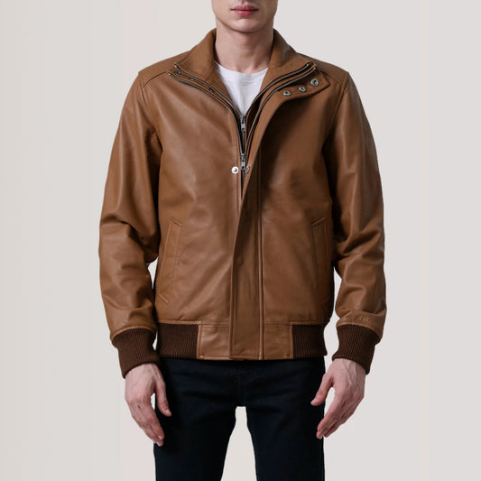Activewear Lester Tan Leather Bomber Jacket