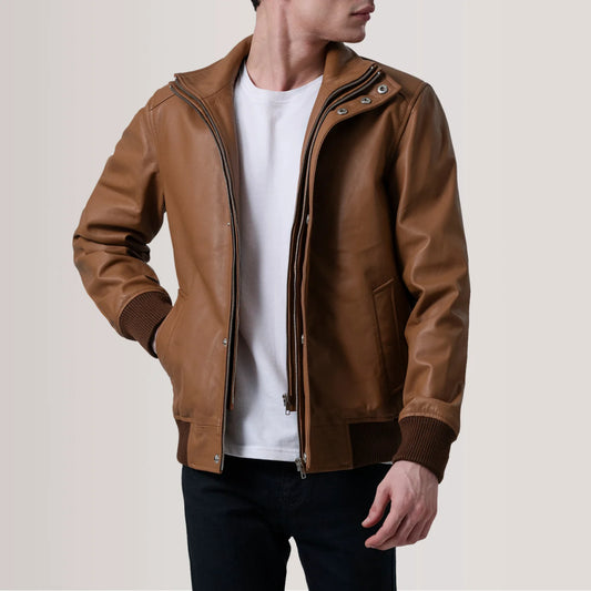 Activewear Lester Tan Leather Bomber Jacket