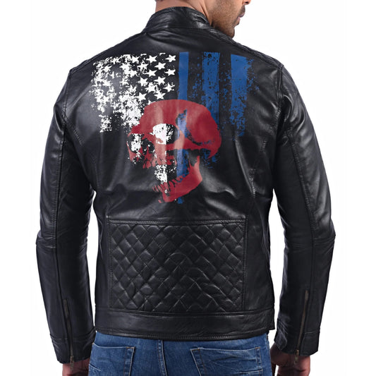 American Flag Skull Print Leather Jacket For Men’s