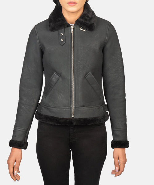 Black Leather Shearling Jacket for Women