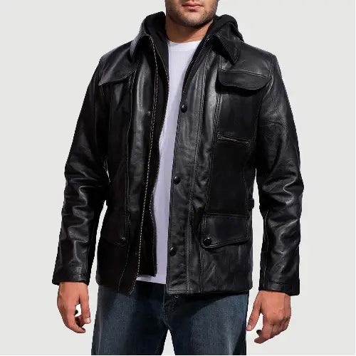 Black Moulder leather hooded men's jacket