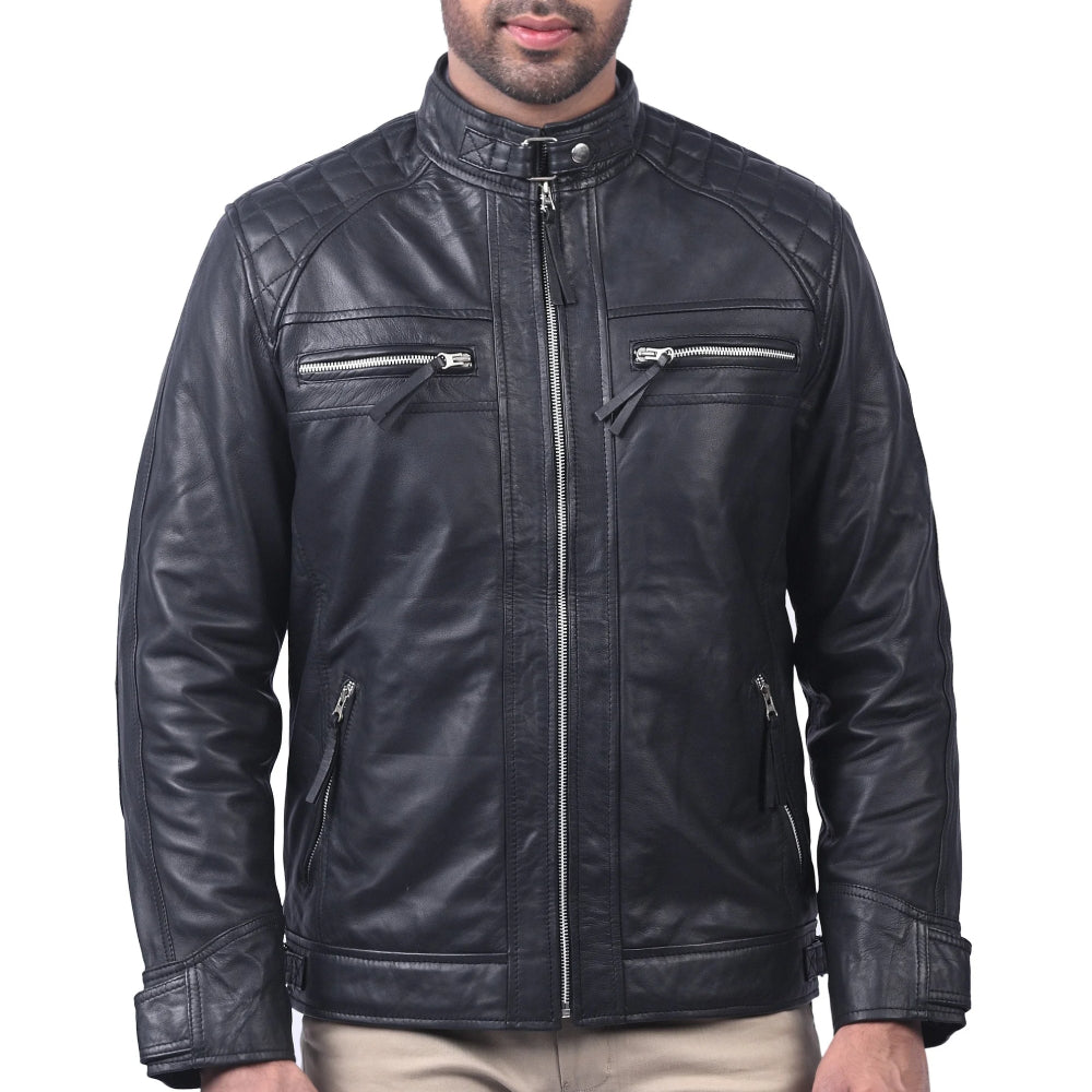 Black Biker Cafe Racer Style Real Black Sheep Leather Jacket for Mens