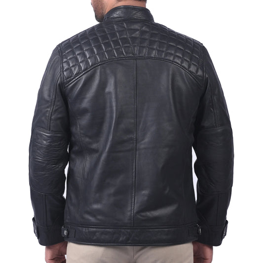 Black Biker Cafe Racer Style Real Black Sheep Leather Jacket for Mens