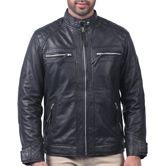 Black Biker Cafe Racer Style Real Black Sheep Leather Jacket for Mens