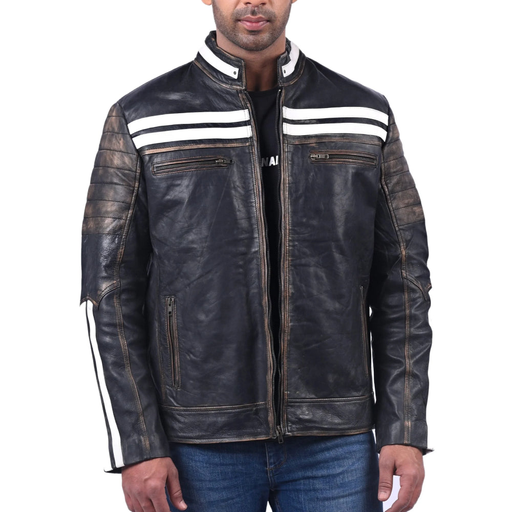 Black Distressed Penetrated Real Cow Leather Jacket For Men’s