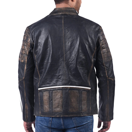 Black Distressed Penetrated Real Cow Leather Jacket For Men’s