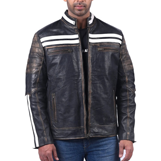 Black Distressed Penetrated Real Cow Leather Jacket For Men’s