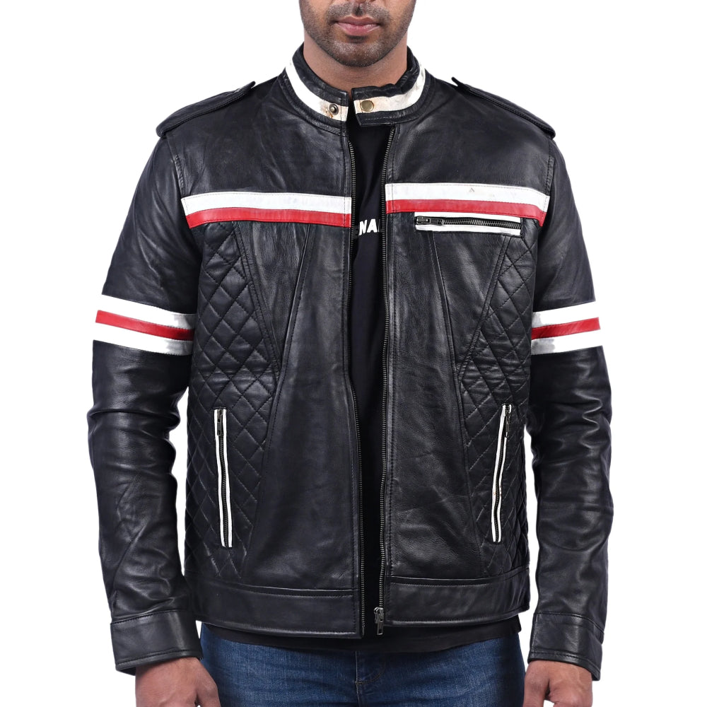 Black Fashion Quilted Leather Jacket For Men