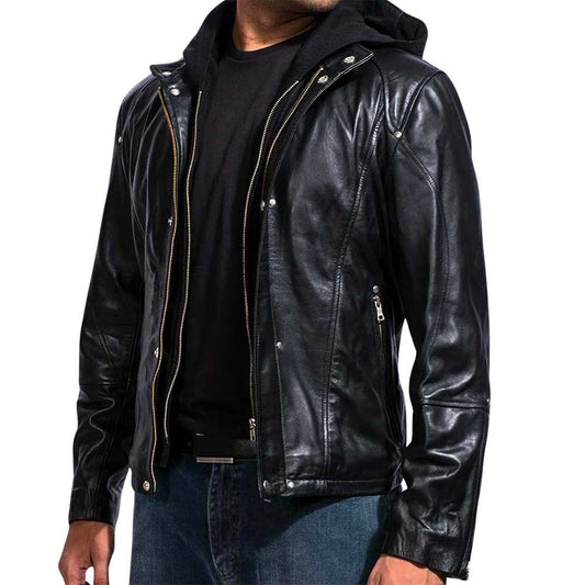 Black Hooded Leather Biker Jacket for Men