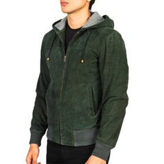 Green Dignity Suede Leather Hooded Jacket Men's