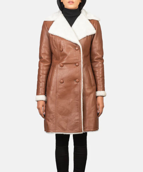 Brown-Double-Breasted-Shearling-Coat