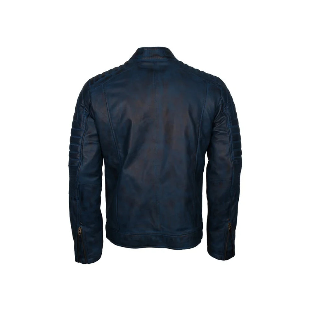 Cafe Racer Blue Leather Biker Jacket Mens