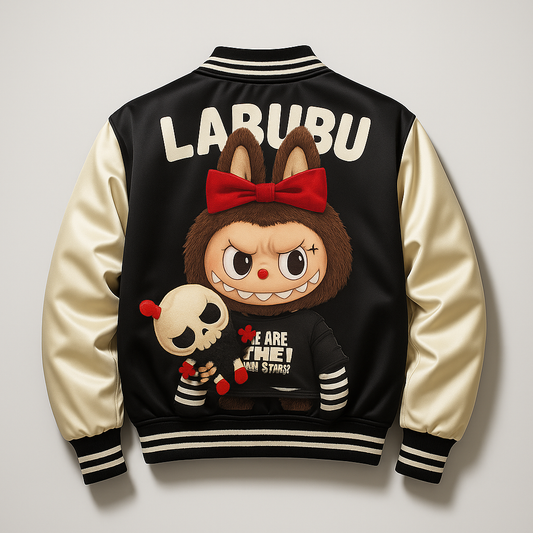Labubu Catch Me If You Like Me Satin Bomber Varsity Jacket Black