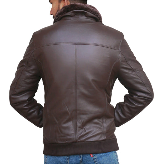Brown Dignity Leather Jacket with Fur Collar Men's