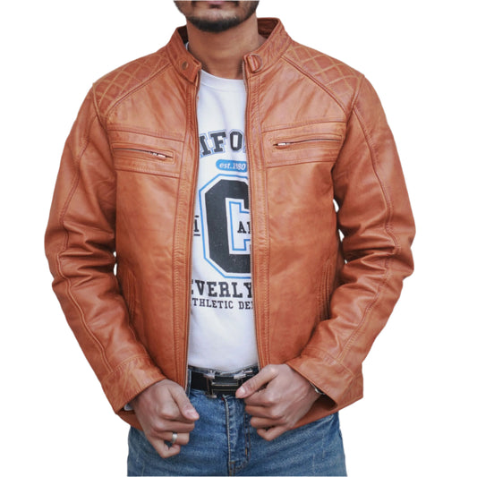 Diamond Cut Canvas Leather Biker jacket Men