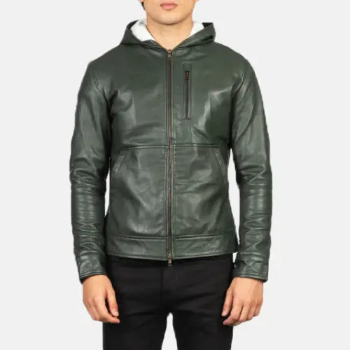 Green Baston leather hooded mens jacket front