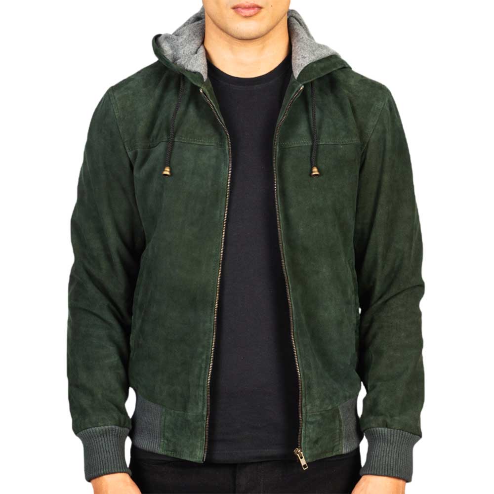Green Dignity Suede Leather Hooded Jacket Men's