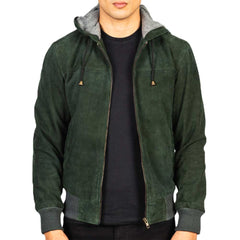Green Dignity Suede Leather Hooded Jacket Men's
