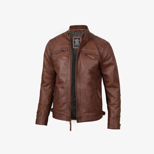 Johnson Mens Tall Cognac Cafe Racer Quilted Leather Jacket