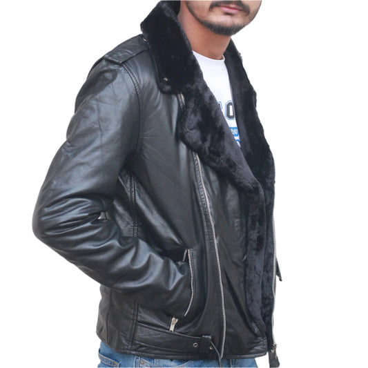 Dignity Leather Black Shearling Biker Jacket for Men