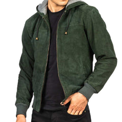 Green Dignity Suede Leather Hooded Jacket Men's