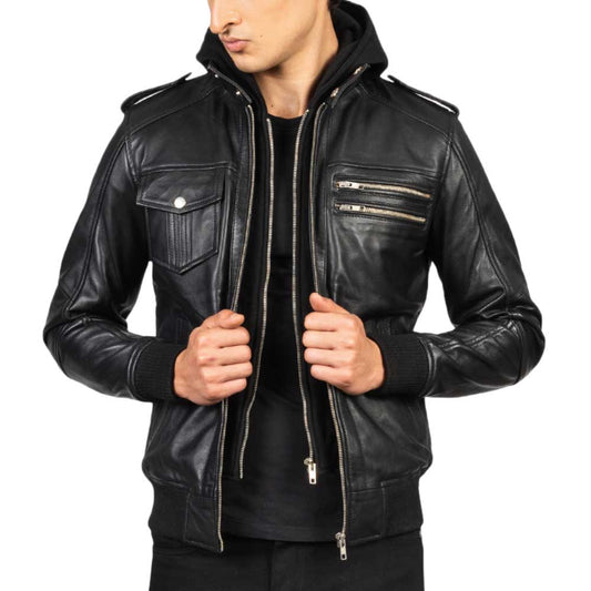 Dignity Black Leather Bomber Hooded Jacket for Men