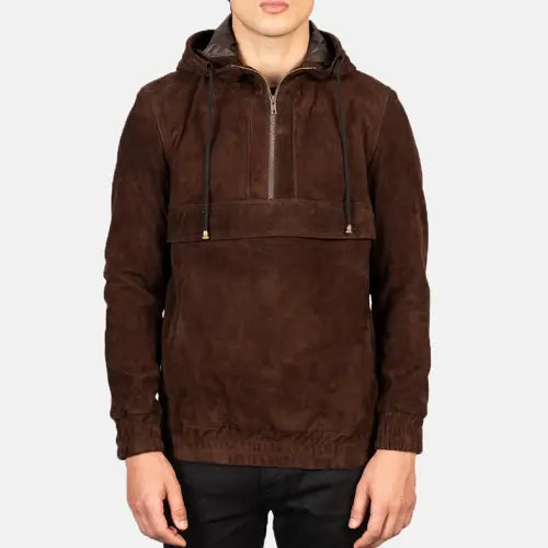Mocha Kenton leather hooded mens jacket front