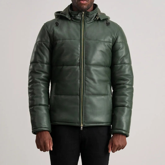 New Activewear Gordon Green Hooded Leather Puffer Jacket