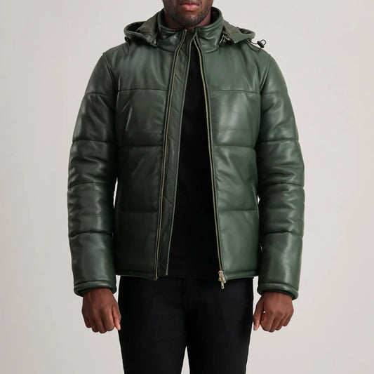 New Activewear Gordon Green Hooded Leather Puffer Jacket