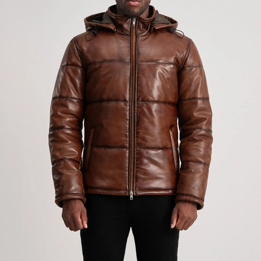 New Gordon Waxed Brown Hooded Leather Puffer Jacket
