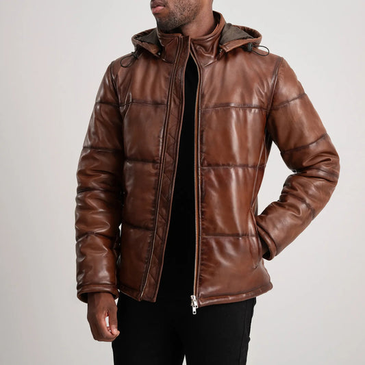 New Gordon Waxed Brown Hooded Leather Puffer Jacket
