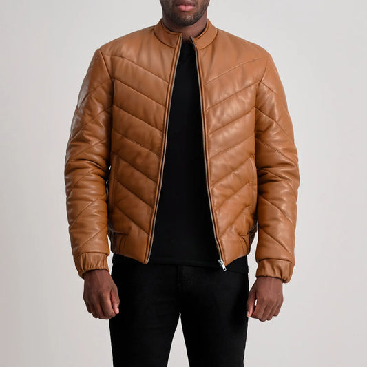New Latest Travis Tan Leather Puffer Jacket
