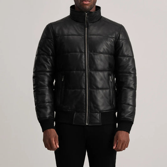 New Lucas Black Leather Puffer Bomber Jacket