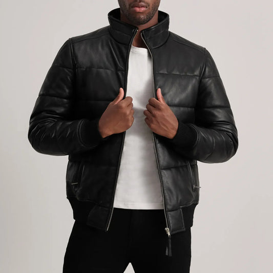 New Lucas Black Leather Puffer Bomber Jacket
