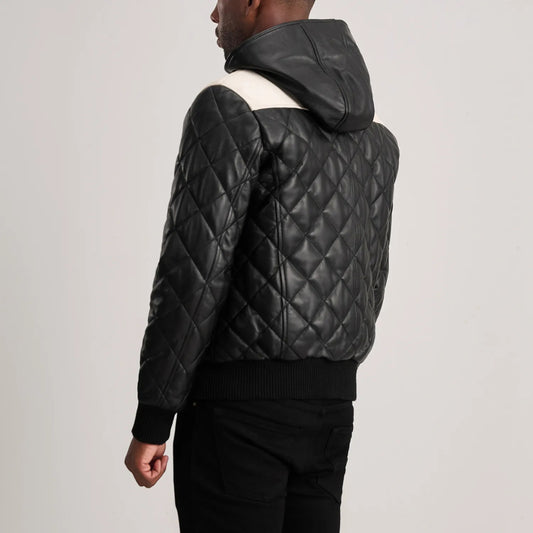 New Norman Black Hooded Bomber Leather Puffer Jacket