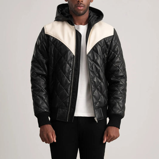 New Norman Black Hooded Bomber Leather Puffer Jacket