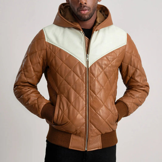 New Norman Tan Hooded Bomber Leather Puffer Jacket
