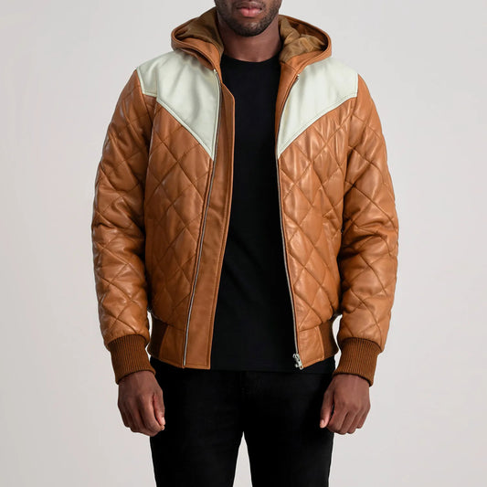 New Norman Tan Hooded Bomber Leather Puffer Jacket