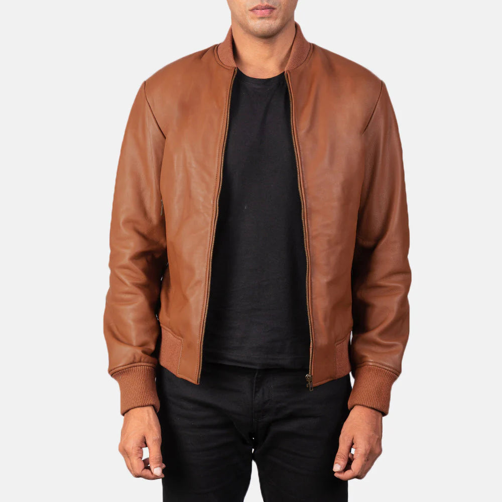 New Shane Brown Leather Bomber Jacket