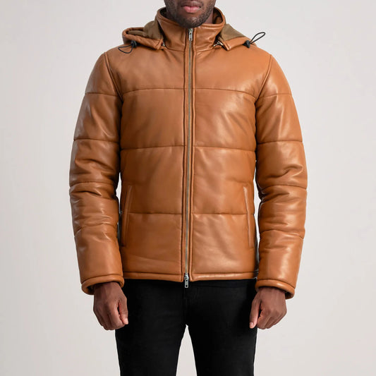 New Streetwear Gordon Tan Hooded Leather Puffer Jacket