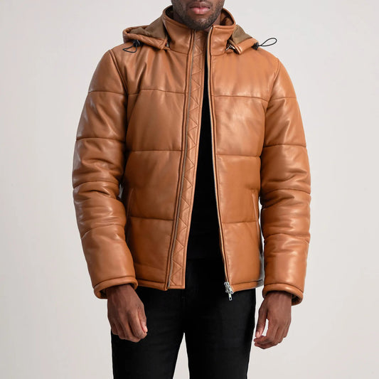 New Streetwear Gordon Tan Hooded Leather Puffer Jacket