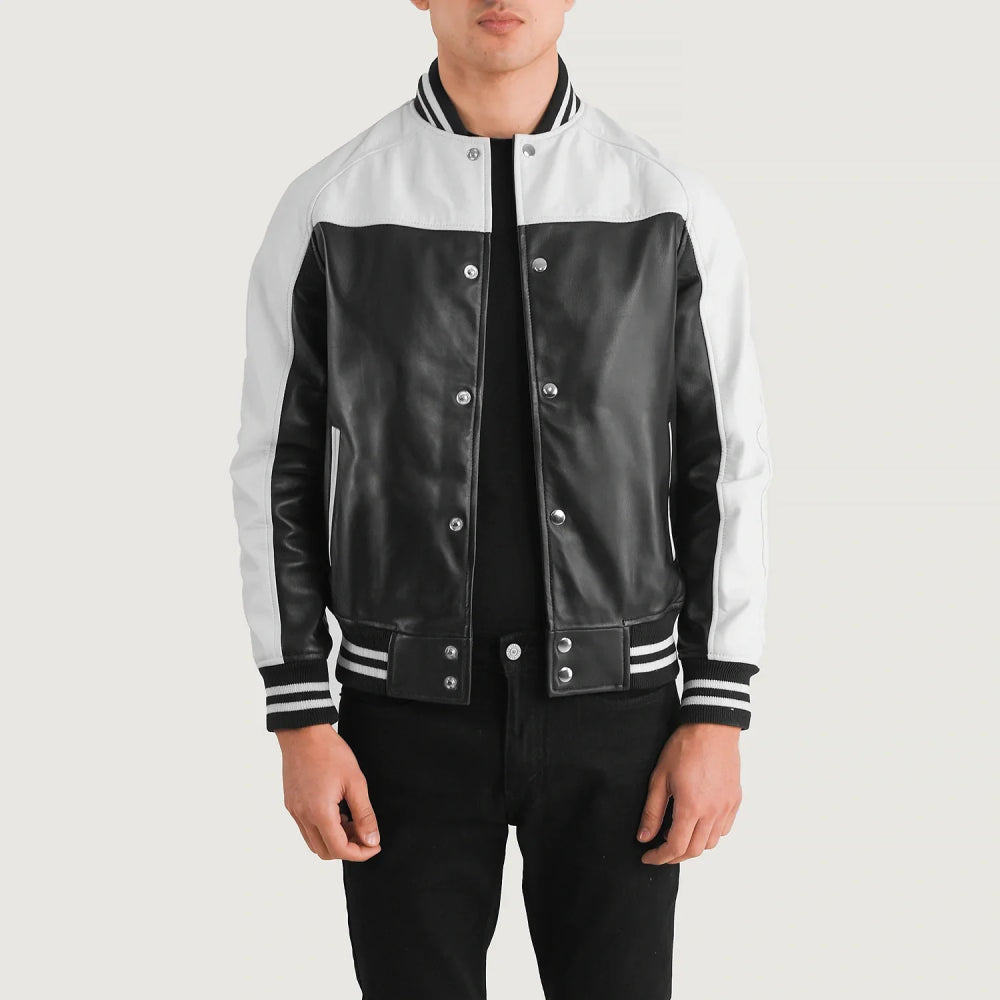 New Terrance Black & White Leather Varsity Jacket