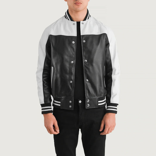 New Terrance Black & White Leather Varsity Jacket