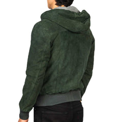 Green Dignity Suede Leather Hooded Jacket Men's