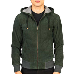 Green Dignity Suede Leather Hooded Jacket Men's