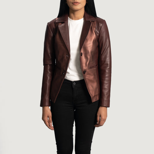 Maroon leather blazer for women jacket