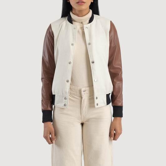 White and brown women's varsity jacket