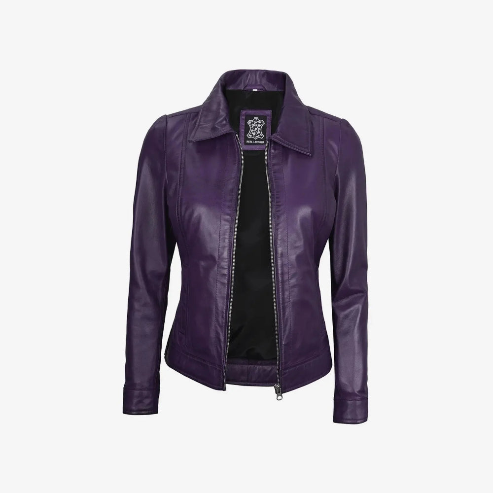 Womens Shirt Collar Purple Leather Jacket