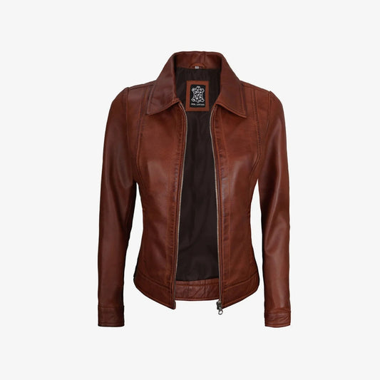 Womens Shirt Collar Cognac Leather Jacket