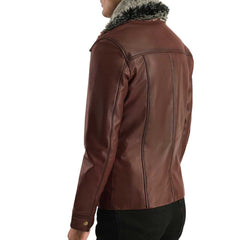 Men's Brown Leather Biker Jacket with Fur